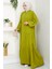 Yağ Yeşili Kol Lastikli Eteği Katlı Salaş Kadın Elbise 2