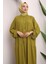 Yağ Yeşili Kol Lastikli Eteği Katlı Salaş Kadın Elbise 3