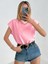 Kadın Pembe Düşük Kol Pamuklu Örme T-Shirt 2