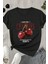 Kadın Siyah Cherry Baskılı Regular Bisiklet Yaka T-Shirt 1