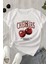 Kadın Beyaz Cherry Baskılı Regular Bisiklet Yaka T-Shirt 1