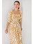 2512 Desenli Yırtmaçlı Elbise - Sarı 4