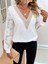 V Yaka Fistolu Kolu Tül Detaylı Bluz -Beyaz 1