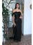 Siyah Drape Yaka Detaylı Payet Işlemeli Uzun Kuşaklı Abiye 9705470.01 2