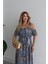 Kadın Kısa Kollu Madonna Yaka Fırfırlı Belden Yırtmaçlı Maksi Süprem Elbise - 2xl-3xl - Mavi 3