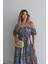 Kadın Kısa Kollu Madonna Yaka Fırfırlı Belden Yırtmaçlı Maksi Süprem Elbise - 2xl-3xl - Mavi 4