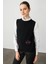 Kadın Sıfır Yaka Cep Üstü Çiçek Nakışlı Yün Süveter Siyah 2