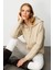 Kadın Kapüşonlu Fermuarlı Kısa Triko Sweatshirt Bej 2