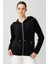 Kadın Kapüşonlu Fermuarlı Kısa Triko Sweatshirt Siyah 3