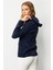 Kadın Kapüşonlu Fermuarlı Kısa Triko Sweatshirt Lacivert 3