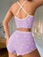 Lila Üstüne Beyaz Kalp Desenli Askılı Şortlu Pijama Takımı 4