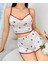 Pamuklu Beyaz Üstüne Kırmızı Gül Desen Fitilli Askılı Şortlu Pijama Takımı 1
