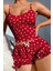 Pamuklu Kırmızı Üstüne Beyaz Kalp Desen Fitilli Askılı Şortlu Pijama Takımı 2