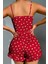 Pamuklu Kırmızı Üstüne Beyaz Kalp Desen Fitilli Askılı Şortlu Pijama Takımı 3