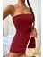 Kadın Bordo Straplez Dalgıç Kumaş Vücudu Saran Likralı Gece Parti Davet Kolsuz Trend Şık Basic Mini Elbise 1