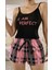 Kadın Siyah Kare Desenli Askılı Şortlu Pijama Takım 6652 1