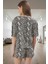 Kadın Rahat Viskoz Pijama Takımı Yılan Desenli Kısa Kollu Şortlu Homewear Premium Kalite 3