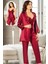 2103 Kadın Bordo Saten Sabahlıklı Pijama Takım 1
