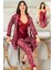 2152 Kadın Bordo Saten Empirme Sabahlıklı Pijama Takım 1