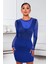 Kadın Uzun Kollu Yuvarlak Yaka Dekolteli Taşlı Dalgıç Elbise Mavi-2xl-3xl 4