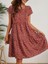 Kadın Kısa Kollu Bisiklet Yaka Çiçek Desenli Süprem Elbise 2xl-3xl-Bordo 2