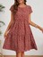 Kadın Kısa Kollu Bisiklet Yaka Çiçek Desenli Süprem Elbise 2xl-3xl-Bordo 5