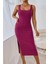 Kadın Askılı Kare Yaka Yandan Yırtmaçlı Midi Kaşkorse Elbise Pembe-L-Xl 3