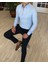 İtalyan Stil Slim Fit Dik Yaka Saten Erkek Gömlek Buz Mavisi T4749 2
