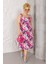 Kadın Pembe Beyaz Floral Desen Askılı Büyük Beden Elbise 5