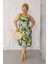 Kadın Yeşil Beyaz Tropikal Desen Askılı Büyük Beden Elbise 4