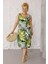 Kadın Yeşil Beyaz Tropikal Desen Askılı Büyük Beden Elbise 5