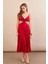Kadın Kırmızı Sırtı Açık Halter Yaka Midi Elbise AN7036 3