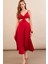 Kadın Kırmızı Sırtı Açık Halter Yaka Midi Elbise AN7036 5