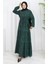 Beli Bağcıklı Desenli Elbise 2107-03 Yeşil 1