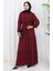 Beli Bağcıklı Desenli Elbise 2107-02 Bordo 1