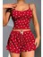 Pamuklu Kırmızı Üstüne Beyaz Kalp Desen Fitilli Askılı Şortlu Pijama Takımı 1
