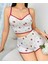 Pamuklu Beyaz Üstüne Kırmızı Gül Desen Fitilli Askılı Şortlu Pijama Takımı 1