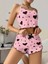 Pamuklu Pembe Üstüne Siyah Kalp Desenli Askılı Fitilli Şortlu Pijama Takımı 2