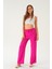 Fuşya Beli Lastikli Bol Paça Dokuma Pantolon 4284-1 1