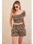 Kadın Camel-Siyah Desenli Crop Şort Takım EV100 1