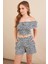 Kadın Ekru-Mavi Desenli Crop Şort Takım EV100 1