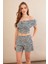 Kadın Ekru-Mavi Desenli Crop Şort Takım EV100 3