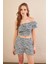 Kadın Ekru-Mavi Desenli Crop Şort Takım EV100 5