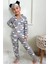 Kuzu ve Bulut Desenli Kız Çocuk Gömlek Yaka Düğmeli Gri Pijama Takımı 1