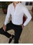 İtalyan Stil Slim Fit Dik Yaka Saten Erkek Gömlek Beyaz T4754 4