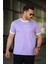 Erkek Bisiklet Yaka Lila Beyaz Şerit Detaylı Nakışlı %100 Pamuk Tişört - 2533 1