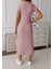 Kadın Kısa Kollu Yakalı Yandan Yırtmaçlı Kalın Fitilli Kaşkorse Elbise Pembe-L-Xl 3
