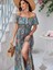 Kadın Kısa Kollu Madonna Yaka Fırfırlı Belden Yırtmaçlı Maksi Süprem Elbise Mavi-2xl-3xl 3