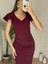 Qkadın Kısa Kollu Kalp Yaka Yanlardan Büzgü Detay Midi Janjan Krep Elbise 2xl-3xl-Bordo 2