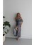 Kadın Kısa Kollu Madonna Yaka Fırfırlı Belden Yırtmaçlı Maksi Süprem Elbise Mavi-2xl-3xl 5